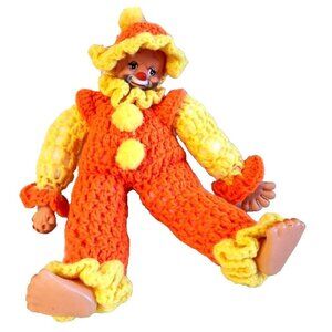 Vintage Clown with plastic face, handmade, multicolor yarn